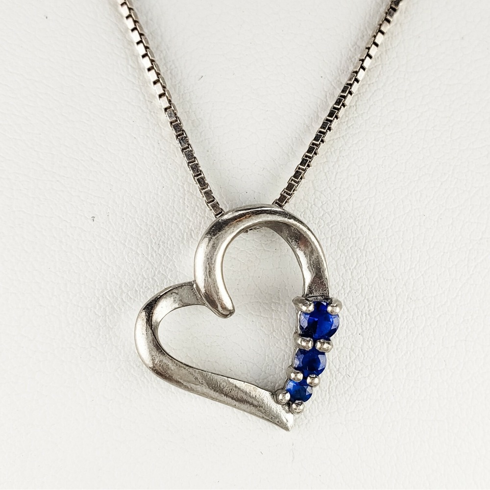Sterling Silver 925 Heart Pendant with Faceted Blue Spinel 30 In Chain Necklace‎